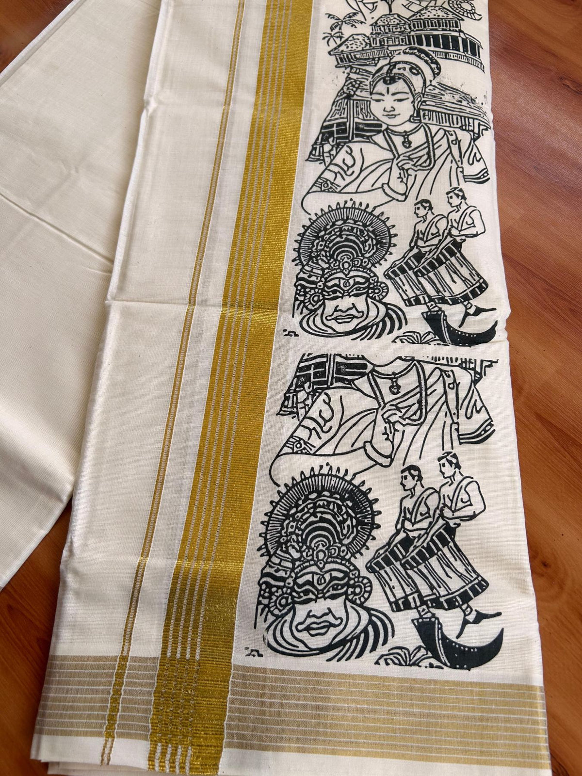 Double Off White (Unbleached) Mund/Dhoti - 20% Discount! KaithariKada Mixed Cotton - 60s - 1.25 inch Gold Kasav Striped Kara with Black Kerala Traditional Printed Design 4 mtr (8.5 Muzham) - 54 KK5520 PMC