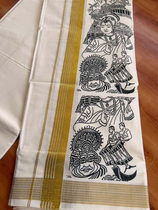 Double Off White (Unbleached) Mund/Dhoti - 20% Discount! KaithariKada Mixed Cotton - 60s - 1.25 inch Gold Kasav Striped Kara with Black Kerala Traditional Printed Design 4 mtr (8.5 Muzham) - 54 KK5520 PMC