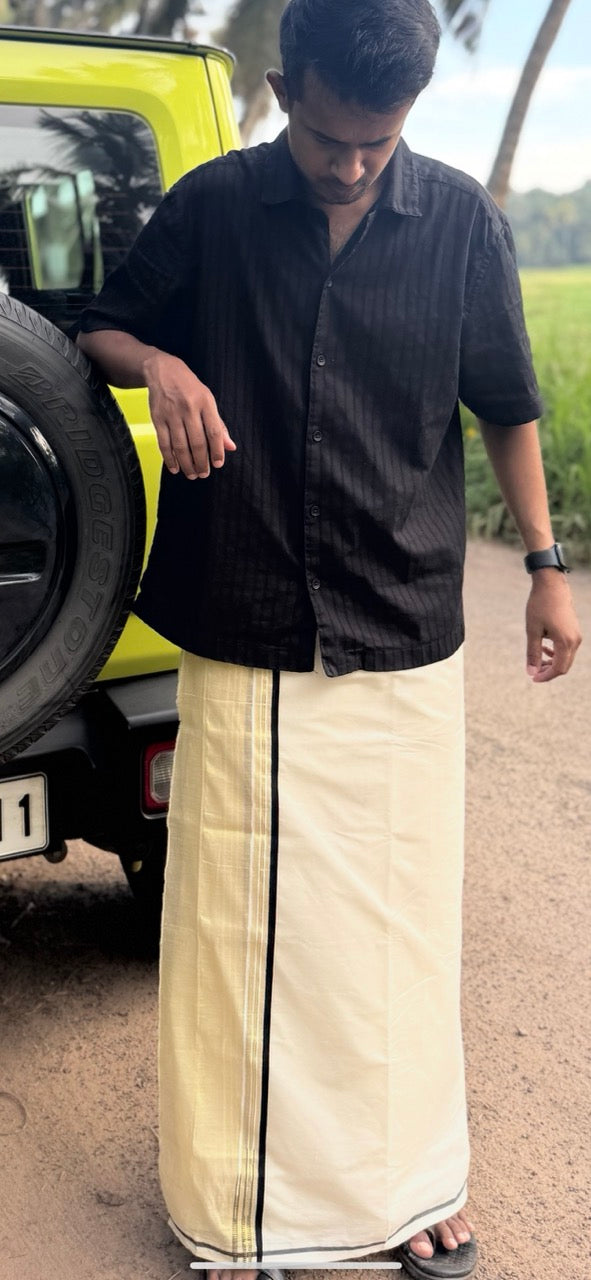 25% DISCOUNT! KaithariKada Balaramapuram 100% Cotton OFF WHITE Double (Unbleached) Mundu/Dhoti-100x100 - 3 cm Puliyilakkara Black Kara Tissue Side Double Chutty