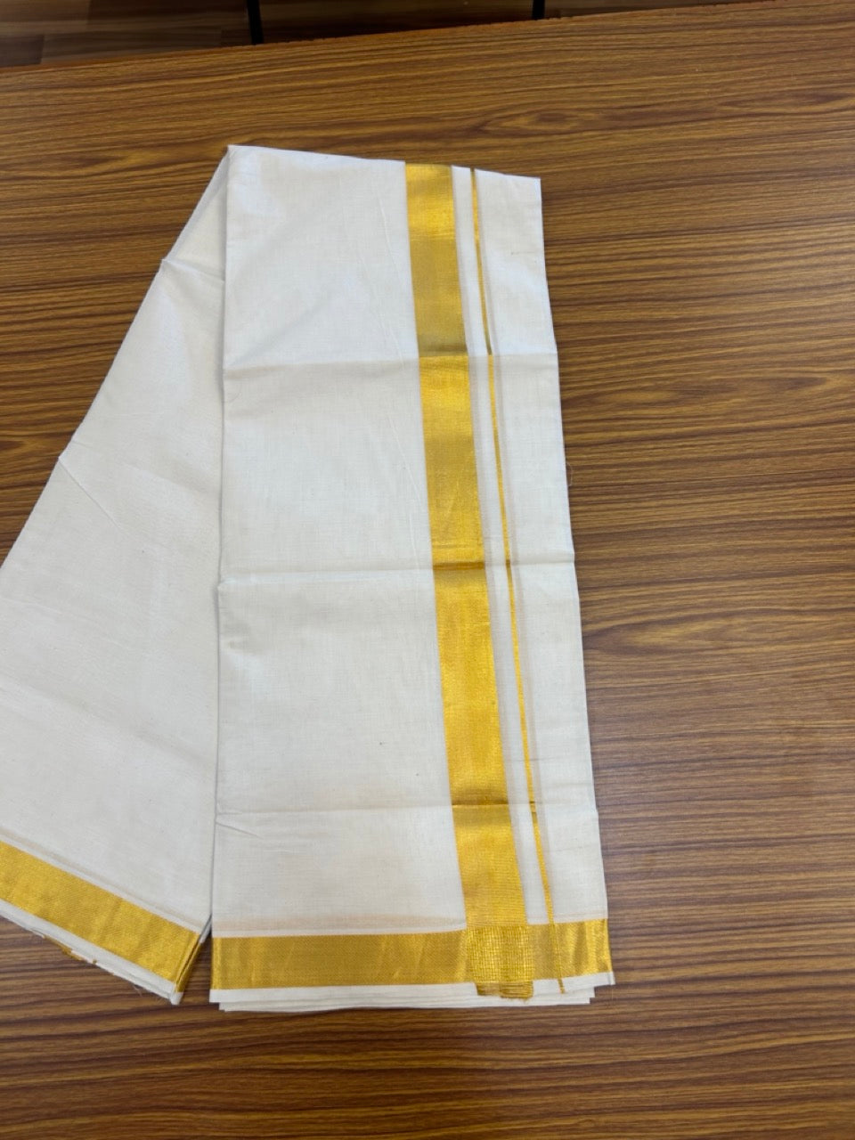 20% DISCOUNT! Kaitharikada Balaramapuram 100% Cotton OFF WHITE Double Mundu/Dothi  - 100x80- 1.5 Inch Gold Kasav Kara -  9 KK5271 THI