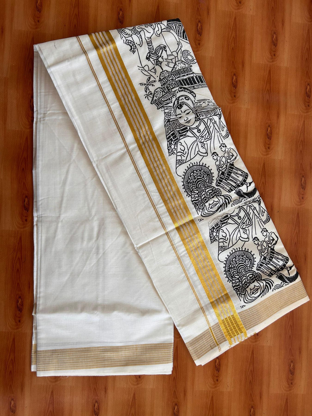 Double Off White (Unbleached) Mund/Dhoti - 20% Discount! KaithariKada Mixed Cotton - 60s - 1.5 inch Gold Kasav Striped Kara with Black Kerala Traditional Printed Design 4 mtr (8.5 Muzham) - 55 KK5520 PMC