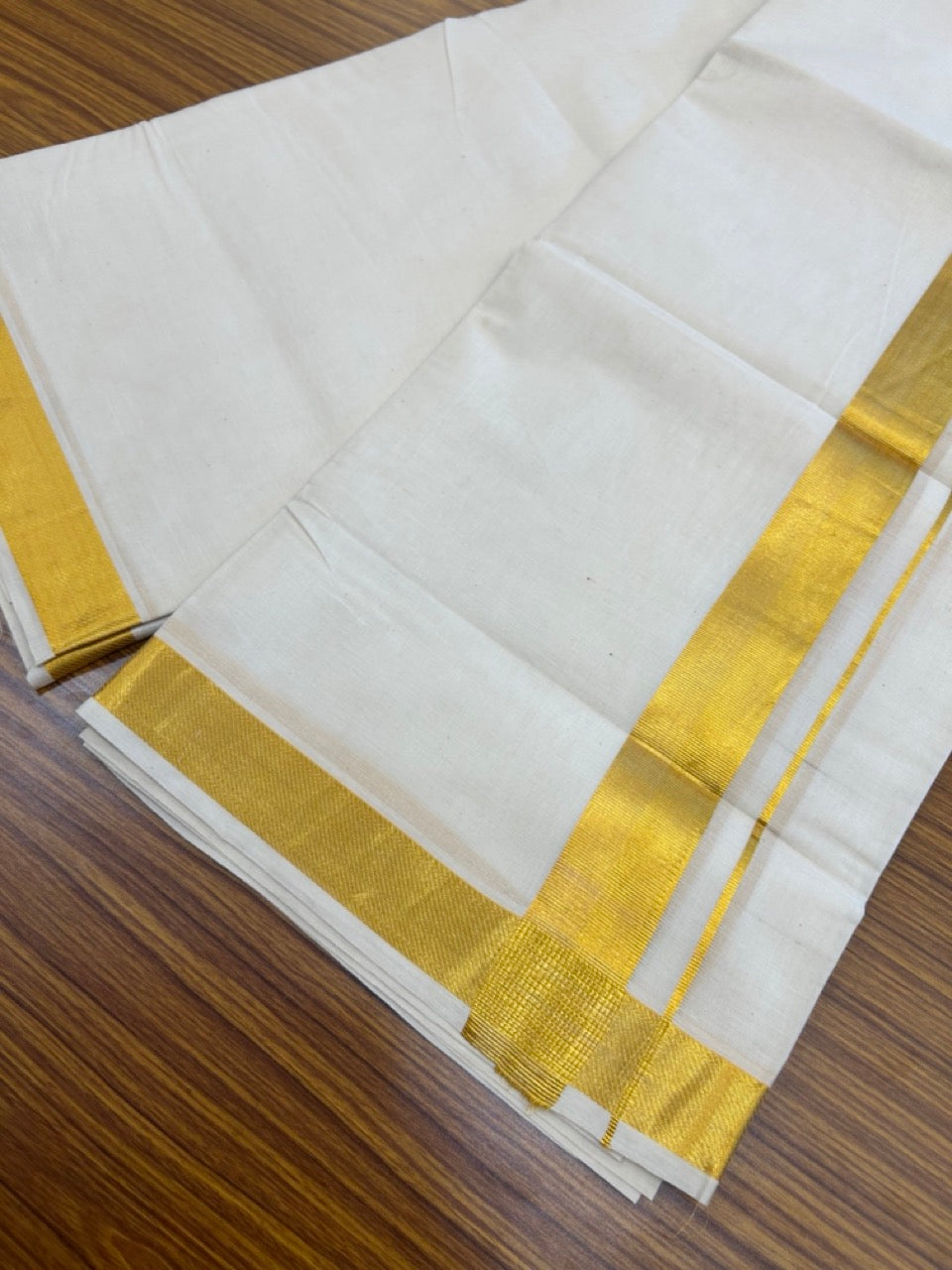 20% DISCOUNT! Kaitharikada Balaramapuram 100% Cotton OFF WHITE Double Mundu/Dothi  - 100x80- 1.5 Inch Gold Kasav Kara -  9 KK5271 THI