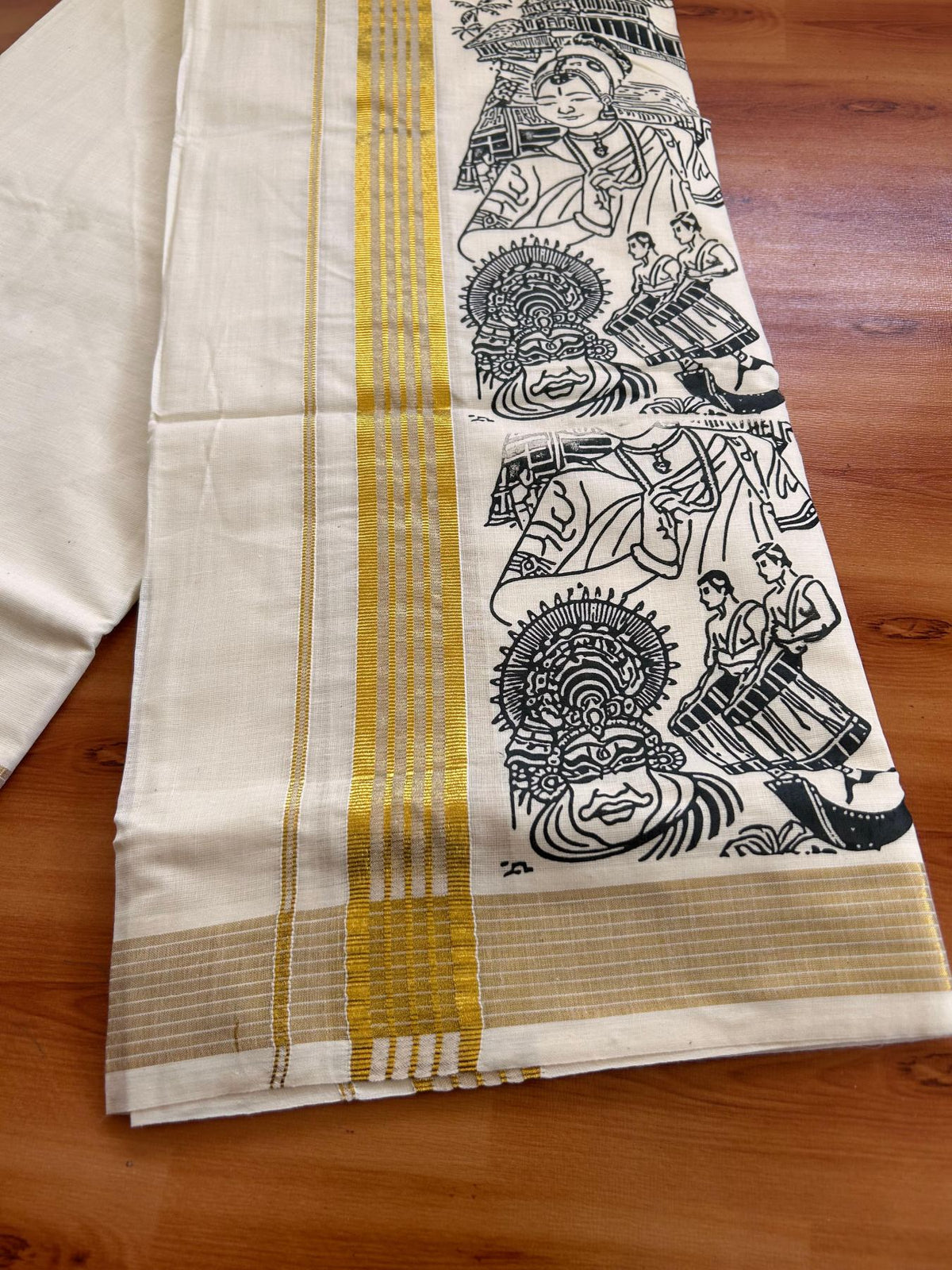Double Off White (Unbleached) Mund/Dhoti - 20% Discount! KaithariKada Mixed Cotton - 60s - 1.5 inch Gold Kasav Striped Kara with Black Kerala Traditional Printed Design 4 mtr (8.5 Muzham) - 55 KK5520 PMC