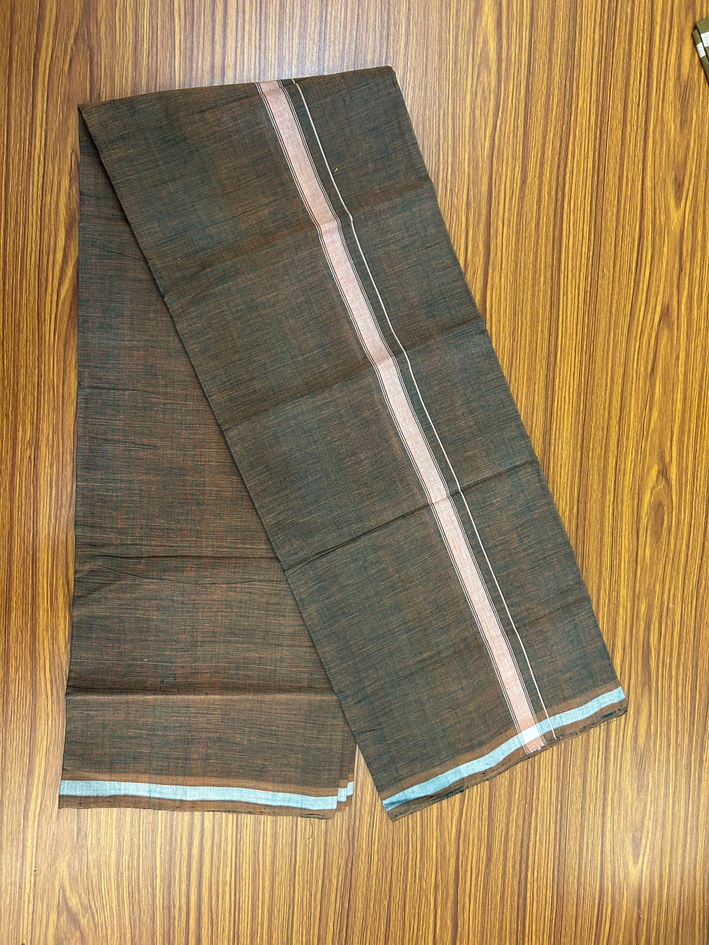 Kerala Handloom Single  - KaithariKada 100% Pure Cotton - Mundu/Dhoti Green Brown Shaded Body & 0.5 inch Brown Kara - (2 meter / 4 muzham)- 12 KK8051 ELA