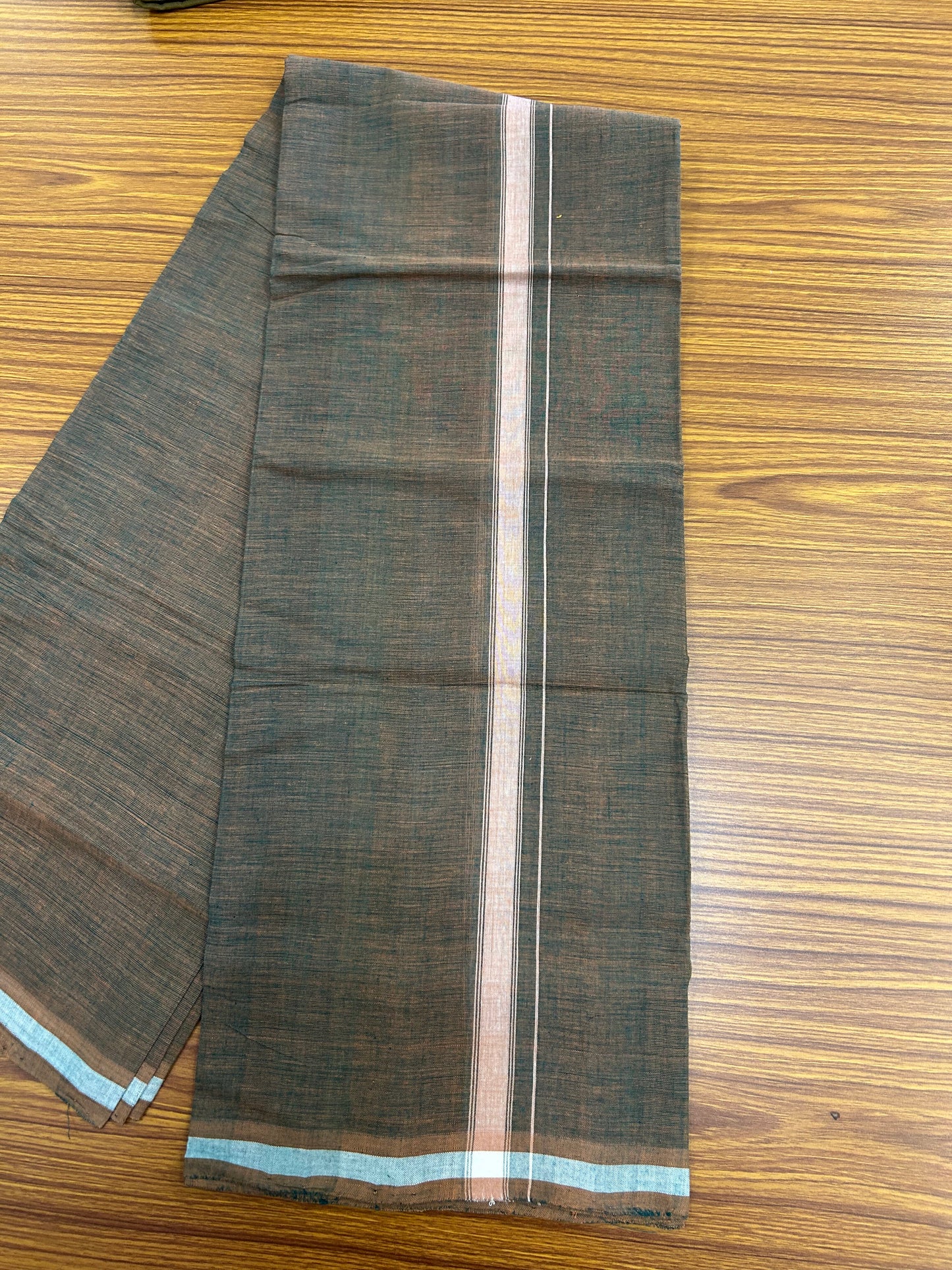 Kerala Handloom Single  - KaithariKada 100% Pure Cotton - Mundu/Dhoti Green Brown Shaded Body & 0.5 inch Brown Kara - (2 meter / 4 muzham)- 12 KK8051 ELA