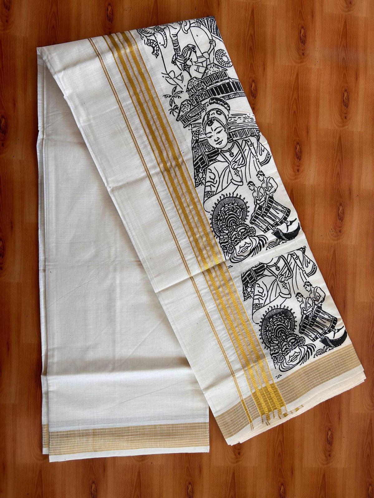 Double Off White (Unbleached) Mund/Dhoti - 20% Discount! KaithariKada Mixed Cotton - 60s - 1.5 inch Gold Kasav Striped Kara with Black Kerala Traditional Printed Design 4 mtr (8.5 Muzham) - 56 KK5520 PMC