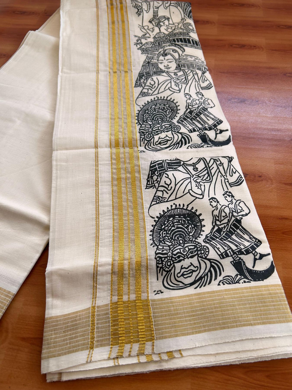 Double Off White (Unbleached) Mund/Dhoti - 20% Discount! KaithariKada Mixed Cotton - 60s - 1.5 inch Gold Kasav Striped Kara with Black Kerala Traditional Printed Design 4 mtr (8.5 Muzham) - 56 KK5520 PMC