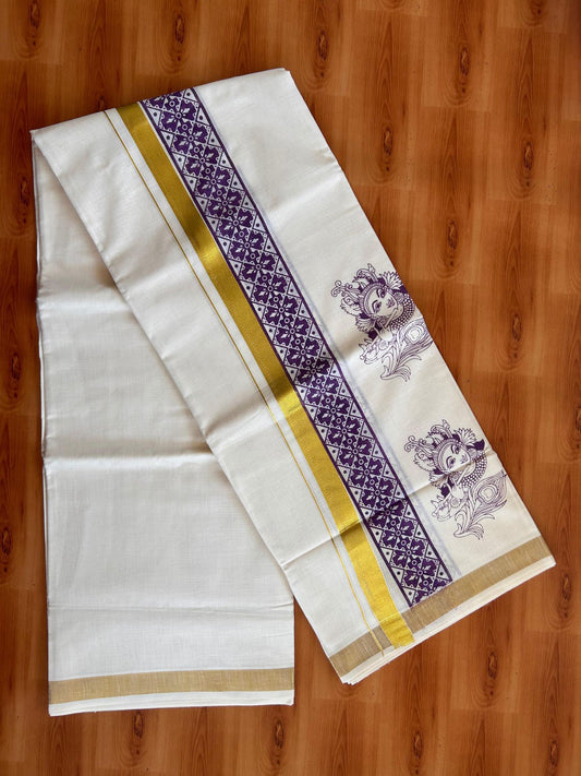 Double Off White (Unbleached) Mund/Dhoti - 20% Discount! KaithariKada Mixed Cotton - 60s - 3 inch Purple Gold Kasav Krishna Printed Design Kara 4 mtr (8.5 Muzham) - 49 KK5520 PMC
