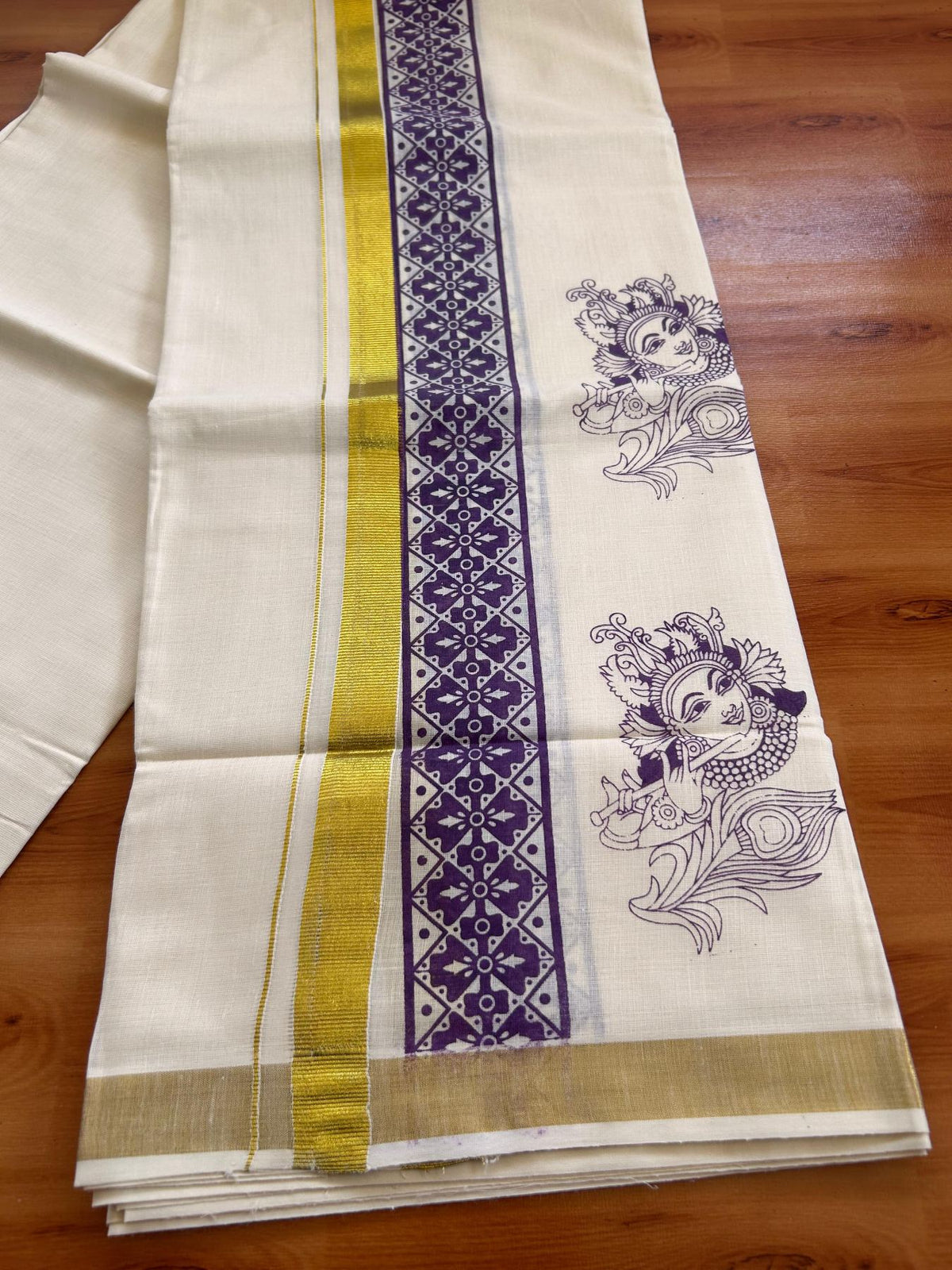 Double Off White (Unbleached) Mund/Dhoti - 20% Discount! KaithariKada Mixed Cotton - 60s - 3 inch Purple Gold Kasav Krishna Printed Design Kara 4 mtr (8.5 Muzham) - 49 KK5520 PMC