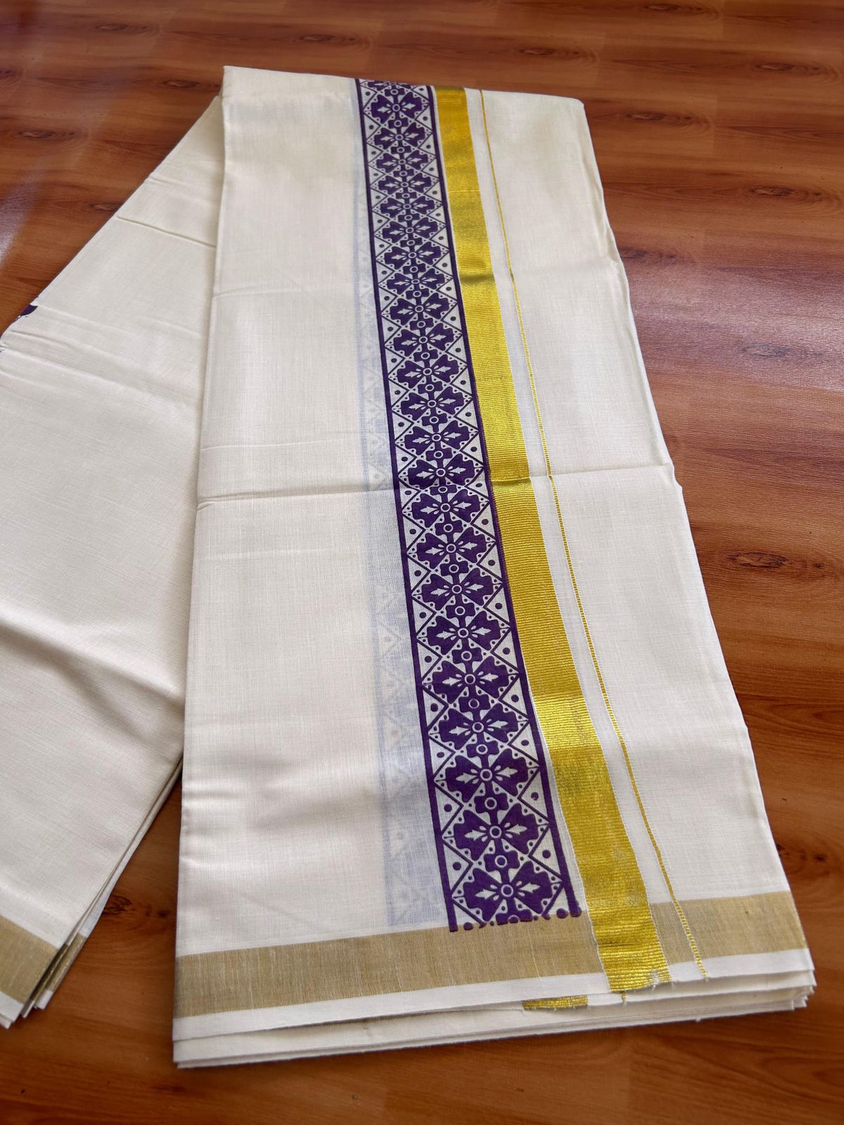 Double Off White (Unbleached) Mund/Dhoti - 20% Discount! KaithariKada Mixed Cotton - 60s - 3 inch Purple Gold Kasav Krishna Printed Design Kara 4 mtr (8.5 Muzham) - 49 KK5520 PMC