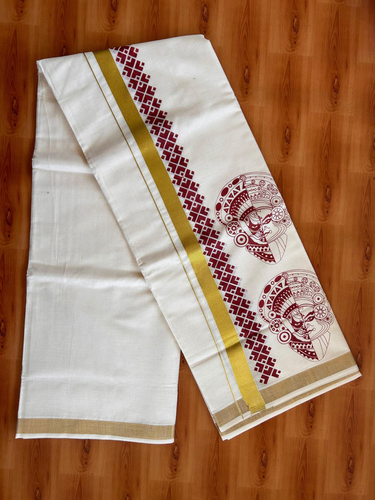 Double Off White (Unbleached) Mund/Dhoti - 20% Discount! KaithariKada Mixed Cotton - 60s - 2.5 inch Maroon Gold Kasav Kathakali-Theyyam Printed Design Kara 4 mtr (8.5 Muzham) - 50 KK5520 PMC