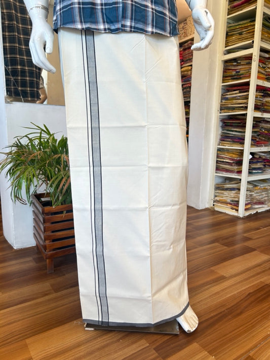 20% DISCOUNT ! KaithariKada Balaramapuram 100% COTTON SINGLE OFF WHITE - (Unbleached) Mundu/Dhoti-Twisted 100s Thread- 1.5 inch Black Kara(2 metre / 4 muzham)- 1KK5023ASH