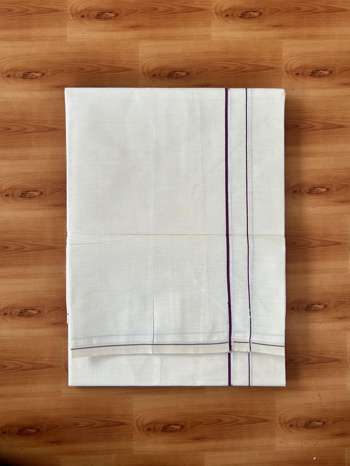 Single Off White (Unbleached) Mundu/Dhoti - KaithariKada 100% Cotton - 70X30 - 0.5 cm Silver Kasav Dark Purple Kara (2 meter / 4 muzham) - 10 KK5461 PMC