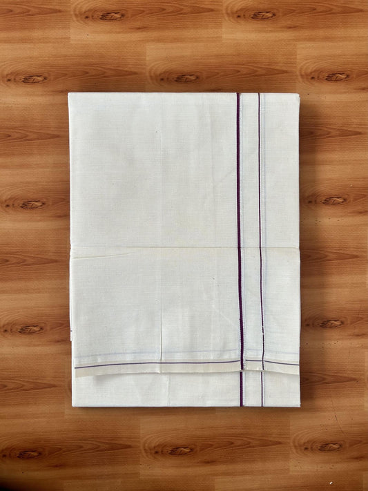 Single Off White (Unbleached) Mundu/Dhoti - KaithariKada 100% Cotton - 70X30 - 0.5 cm Silver Kasav Dark Purple Kara (2 meter / 4 muzham) - 10 KK5461 PMC