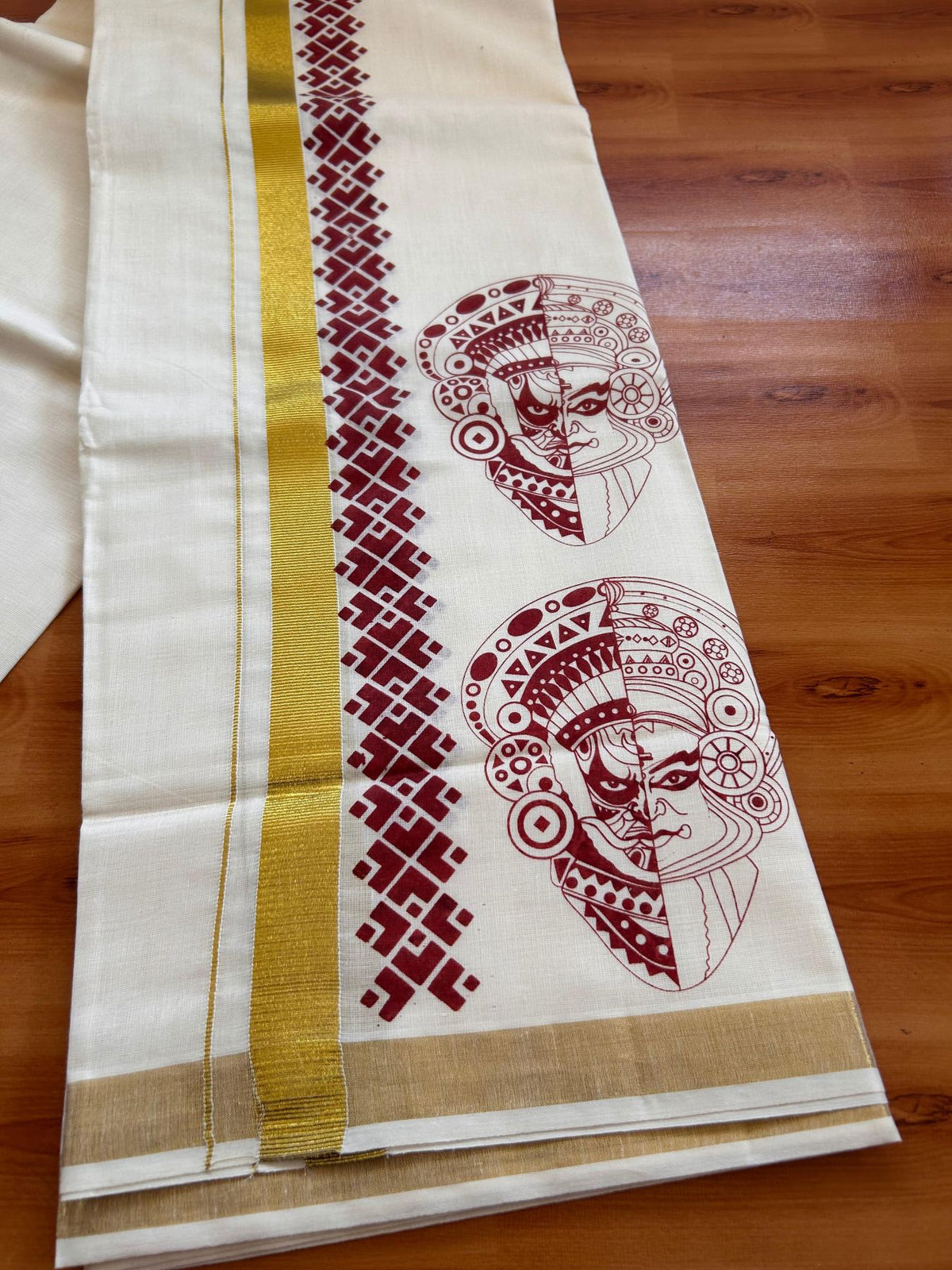 Double Off White (Unbleached) Mund/Dhoti - 20% Discount! KaithariKada Mixed Cotton - 60s - 2.5 inch Maroon Gold Kasav Kathakali-Theyyam Printed Design Kara 4 mtr (8.5 Muzham) - 50 KK5520 PMC