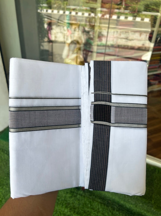 25% Discount!! NEW ULTRA PURE WHITE HANDLOOM Balaramapuram - 100% Mercerised Cotton Double Mundu/Dhoti - 120 twisted warp x 80s weft - 1.75 inch Silver Kasavu & Black Brown Striped Kara- 7KK5200REA
