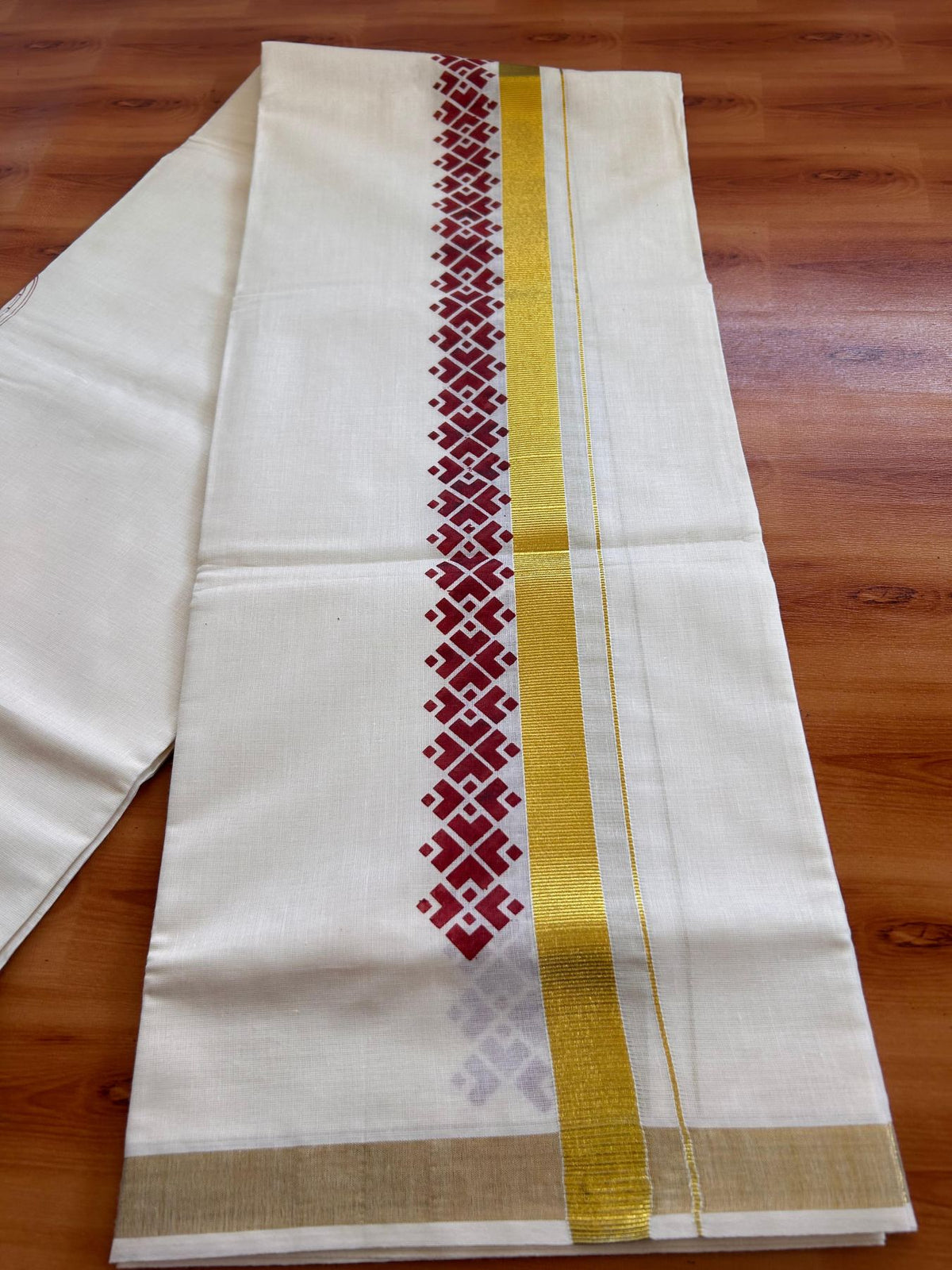 Double Off White (Unbleached) Mund/Dhoti - 20% Discount! KaithariKada Mixed Cotton - 60s - 2.5 inch Maroon Gold Kasav Kathakali-Theyyam Printed Design Kara 4 mtr (8.5 Muzham) - 50 KK5520 PMC