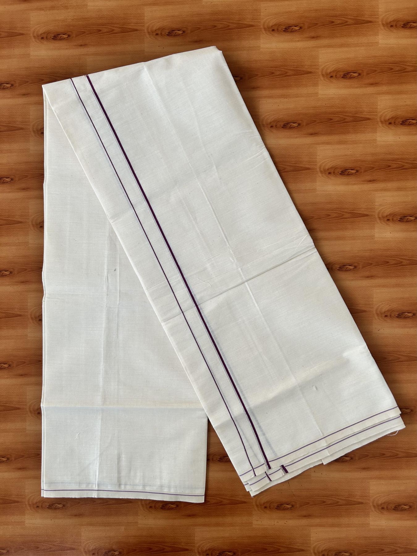 Single Off White (Unbleached) Mundu/Dhoti - KaithariKada 100% Cotton - 70X30 - 0.5 cm Silver Kasav Dark Purple Kara (2 meter / 4 muzham) - 10 KK5461 PMC