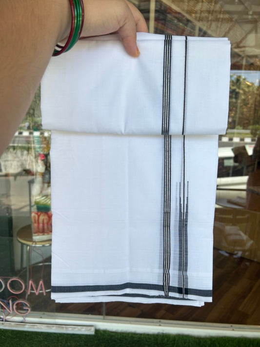25% Discount!! NEW ULTRA PURE WHITE HANDLOOM Balaramapuram - 100% Mercerised Cotton Double Mundu/Dhoti - 120 twisted warp x 80s weft - 0.25 inch Puliyilakkara Black & Silver Kasavu Striped Chutty Kara- 11KK5200REA