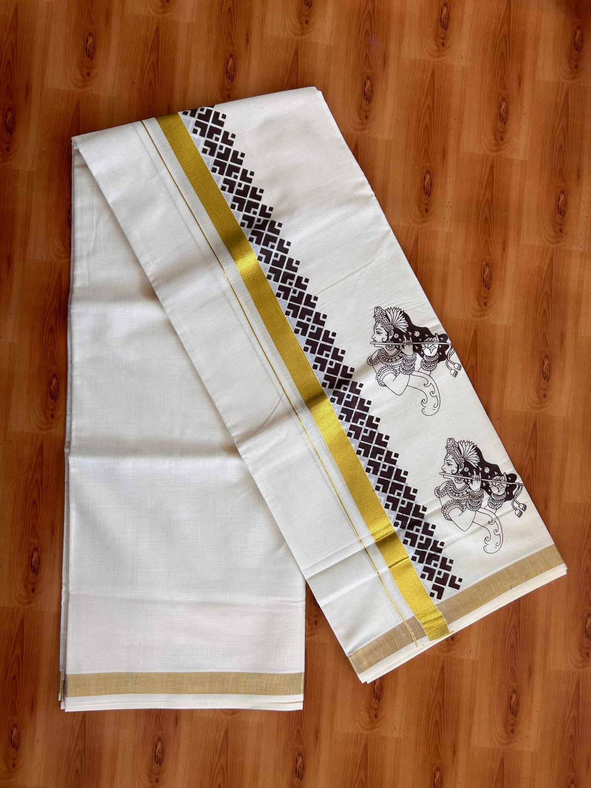 Double Off White (Unbleached) Mund/Dhoti - 20% Discount! KaithariKada Mixed Cotton - 60s - 2.5 inch Brown Gold Kasav Krishna Printed Design Kara 4 mtr (8.5 Muzham) - 51 KK5520 PMC