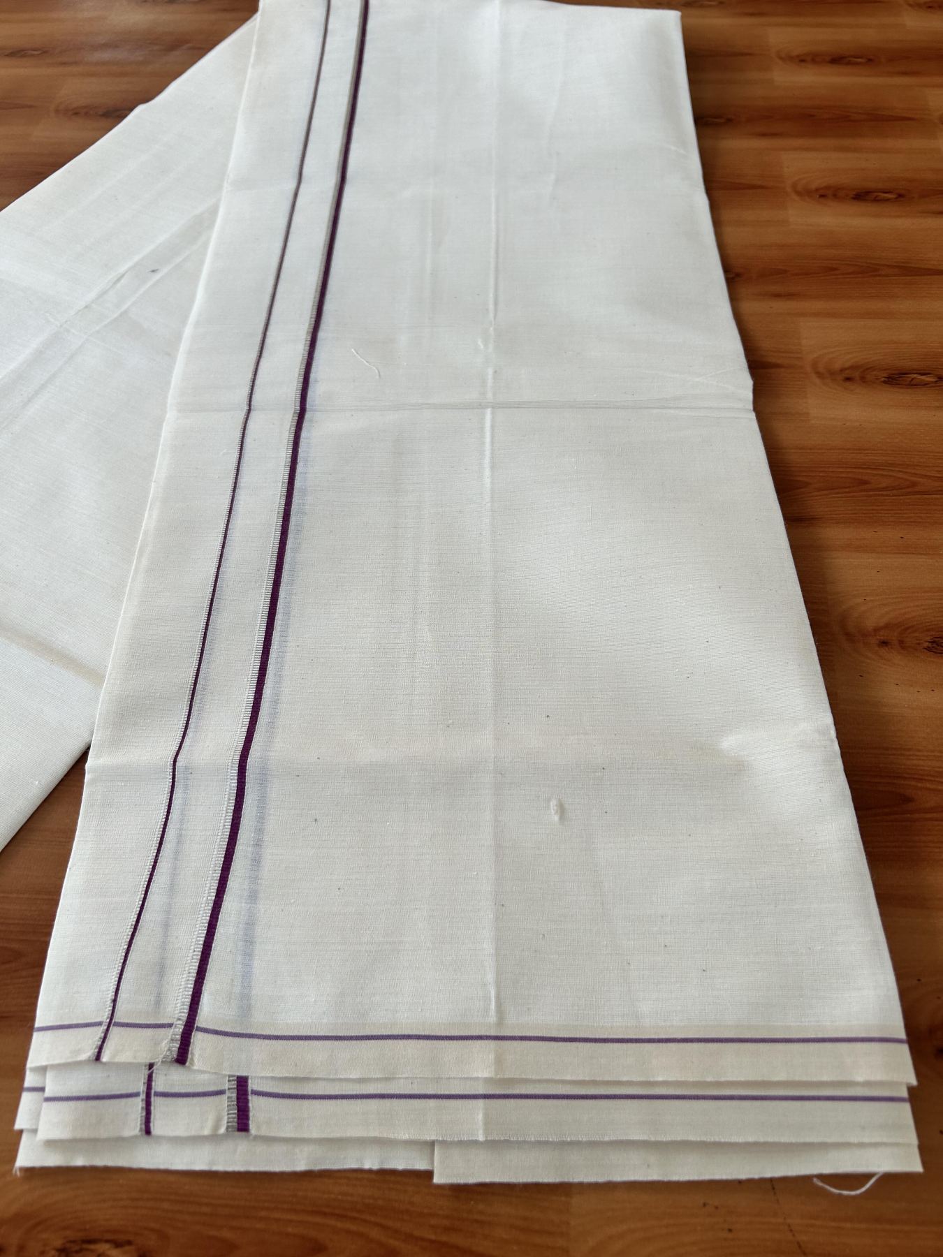 Single Off White (Unbleached) Mundu/Dhoti - KaithariKada 100% Cotton - 70X30 - 0.5 cm Silver Kasav Dark Purple Kara (2 meter / 4 muzham) - 10 KK5461 PMC