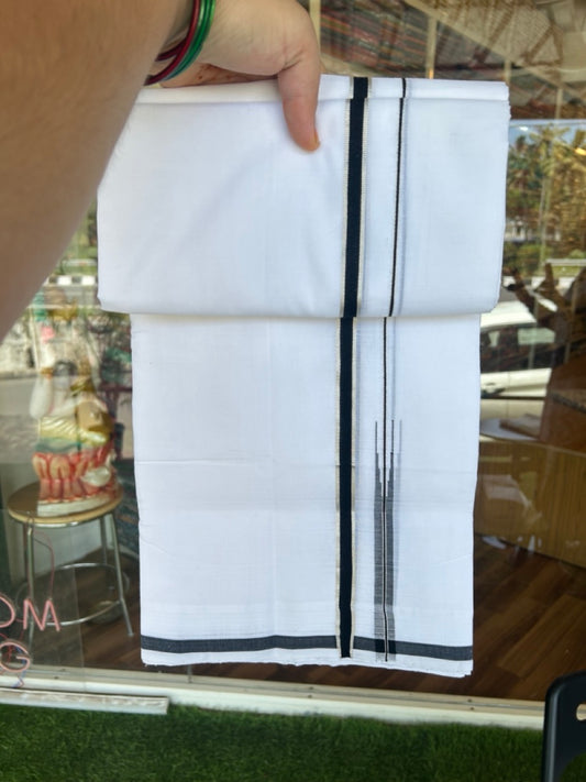 25% Discount!! NEW ULTRA PURE WHITE HANDLOOM Balaramapuram - 100% Mercerised Cotton Double Mundu/Dhoti - 120 twisted warp x 80s weft - 0.5 inch Puliyilakkara Silver Kasavu & Black Chutty Kara- 10KK5200REA