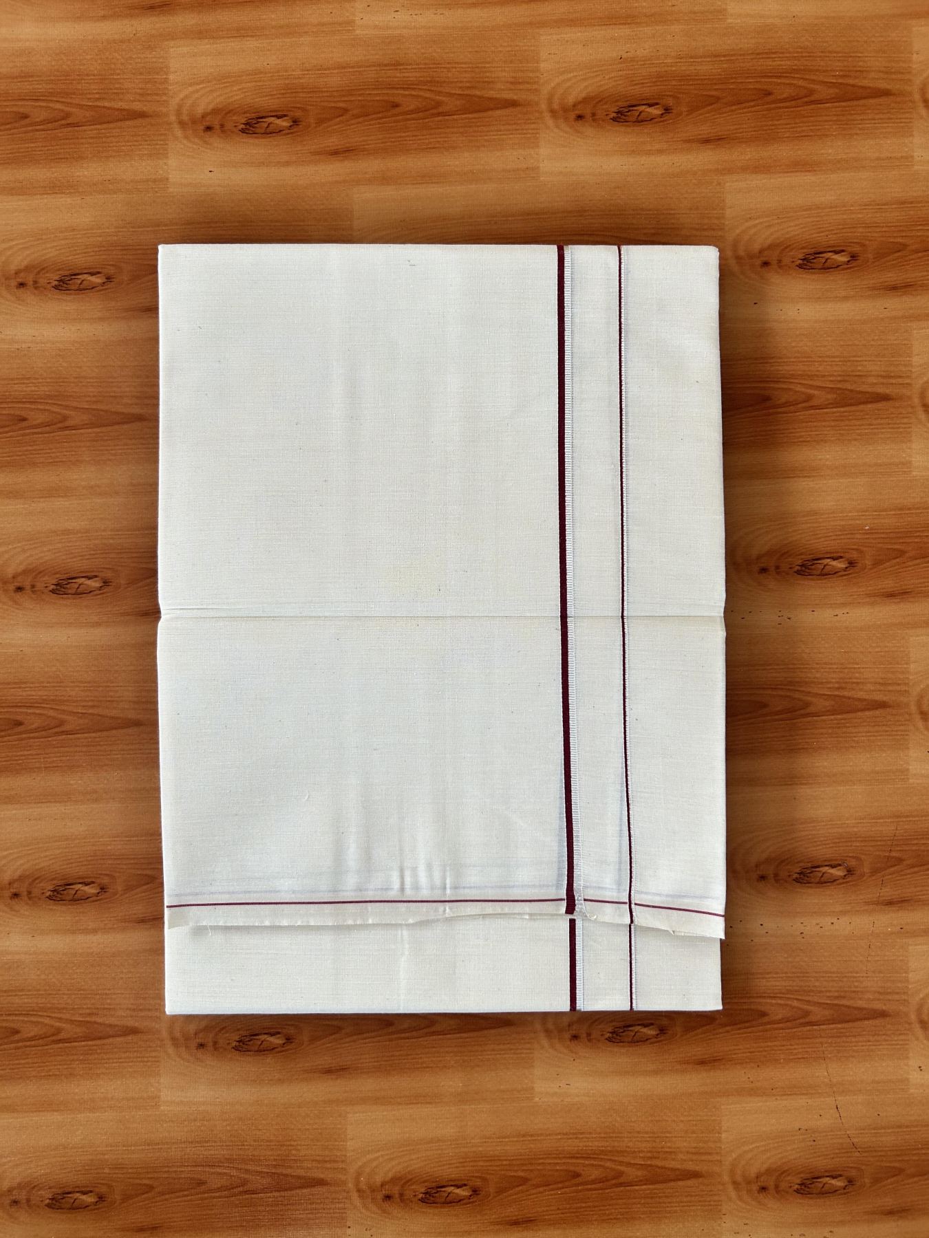 Single Off White (Unbleached) Mundu/Dhoti - KaithariKada 100% Cotton - 70X30 - 0.5 cm Silver Kasav Maroon Kara (2 meter / 4 muzham) - 11 KK5461 PMC