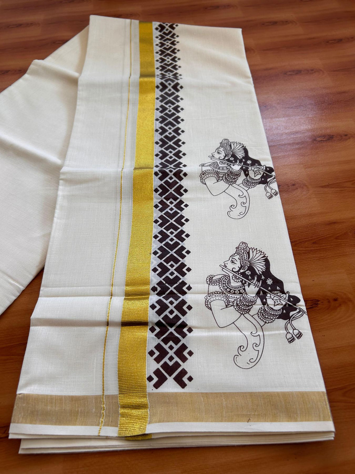 Double Off White (Unbleached) Mund/Dhoti - 20% Discount! KaithariKada Mixed Cotton - 60s - 2.5 inch Brown Gold Kasav Krishna Printed Design Kara 4 mtr (8.5 Muzham) - 51 KK5520 PMC