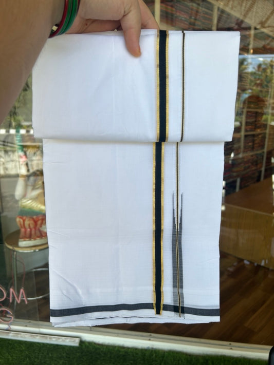 25% Discount!! NEW ULTRA PURE WHITE HANDLOOM Balaramapuram - 100% Mercerised Cotton Double Mundu/Dhoti - 120 twisted warp x 80s weft - 0.5 inch Puliyilakkara Gold Kasavu & Black Chutty Kara- 2KK5200REA