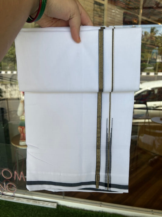 25% Discount!! NEW ULTRA PURE WHITE HANDLOOM Balaramapuram - 100% Mercerised Cotton Double Mundu/Dhoti - 120 twisted warp x 80s weft - 0.25 inch Puliyilakkara Black & Gold Kasavu Striped Chutty Kara- 3KK5200REA