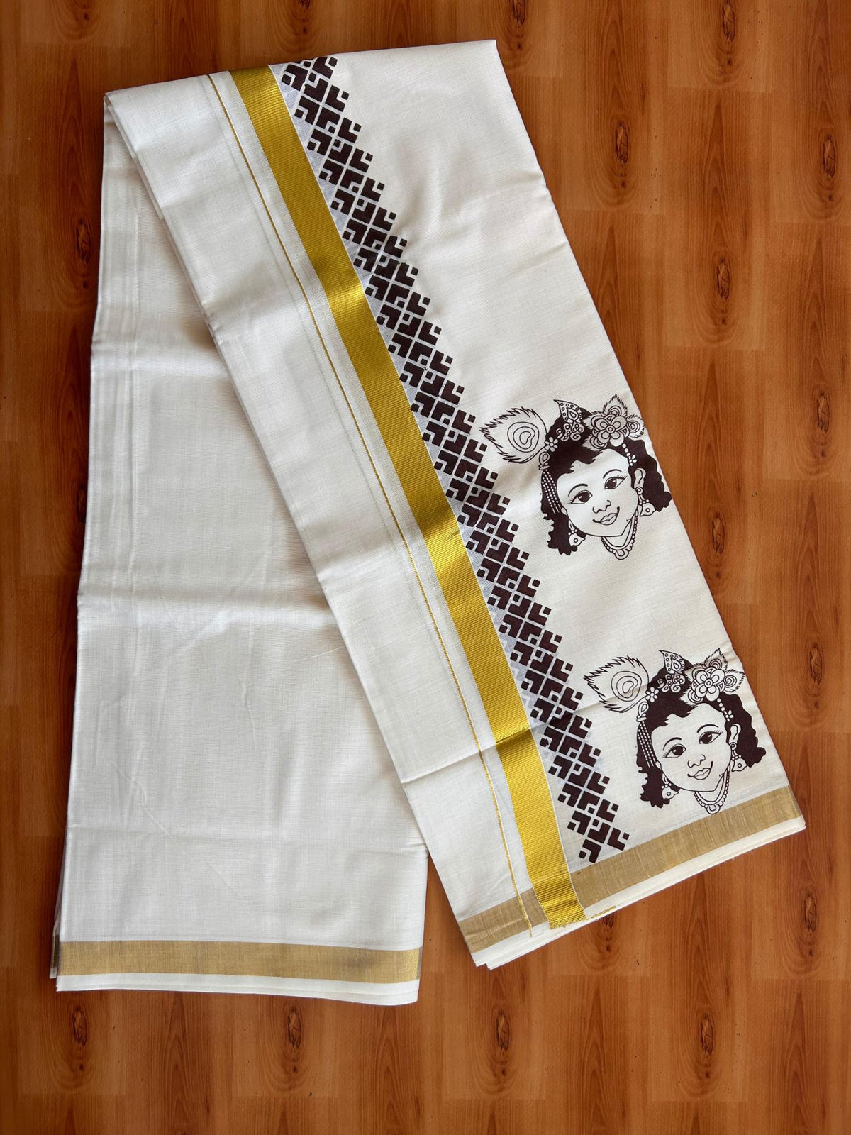 Double Off White (Unbleached) Mund/Dhoti - 20% Discount! KaithariKada Mixed Cotton - 60s - 2.5 inch Brown Gold Kasav Krishna Printed Design Kara 4 mtr (8.5 Muzham) - 52 KK5520 PMC