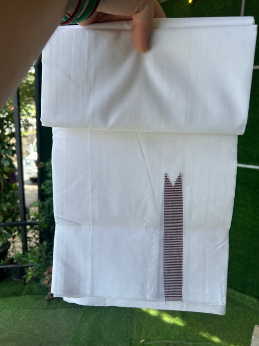 25% Discount!! NEW ULTRA PURE WHITE HANDLOOM Balaramapuram - 100% Mercerised Cotton Double Mundu/Dhoti - 120 twisted warp x 80s weft - 0.75 inch Puliyilakkara Maroon Striped Chutty Kara- 4KK5200REA