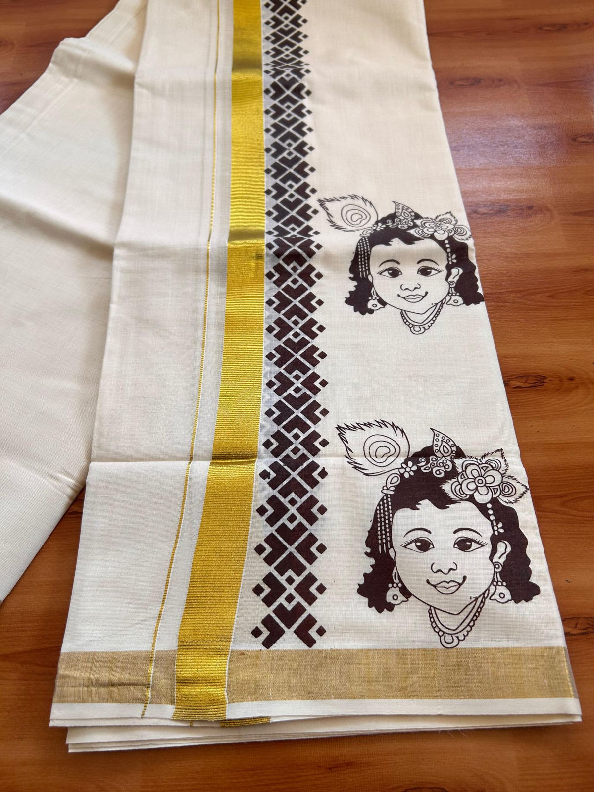 Double Off White (Unbleached) Mund/Dhoti - 20% Discount! KaithariKada Mixed Cotton - 60s - 2.5 inch Brown Gold Kasav Krishna Printed Design Kara 4 mtr (8.5 Muzham) - 52 KK5520 PMC