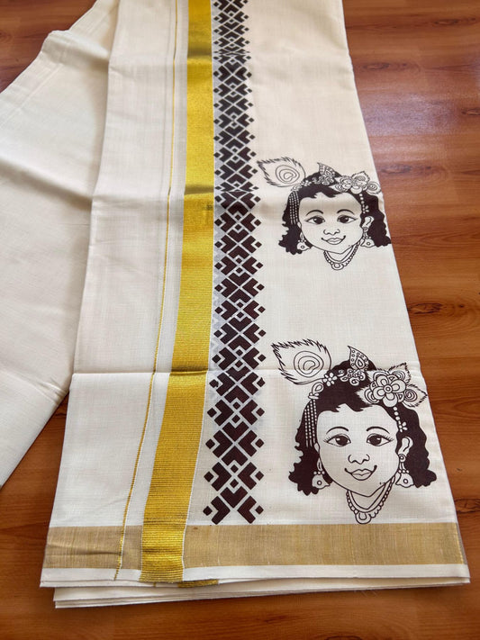 Double Off White (Unbleached) Mund/Dhoti - 20% Discount! KaithariKada Mixed Cotton - 60s - 2.5 inch Brown Gold Kasav Krishna Printed Design Kara 4 mtr (8.5 Muzham) - 52 KK5520 PMC