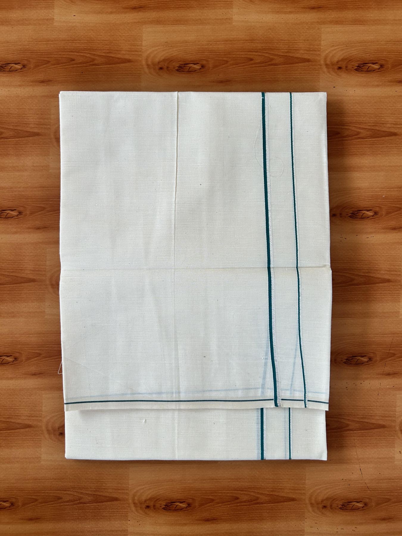 Single Off White (Unbleached) Mundu/Dhoti - KaithariKada 100% Cotton - 70X30 - 0.5 cm Silver Kasav Teal Green Kara (2 meter / 4 muzham) - 12 KK5461 PMC