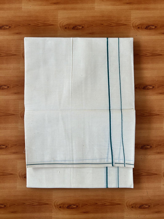 Single Off White (Unbleached) Mundu/Dhoti - KaithariKada 100% Cotton - 70X30 - 0.5 cm Silver Kasav Teal Green Kara (2 meter / 4 muzham) - 12 KK5461 PMC