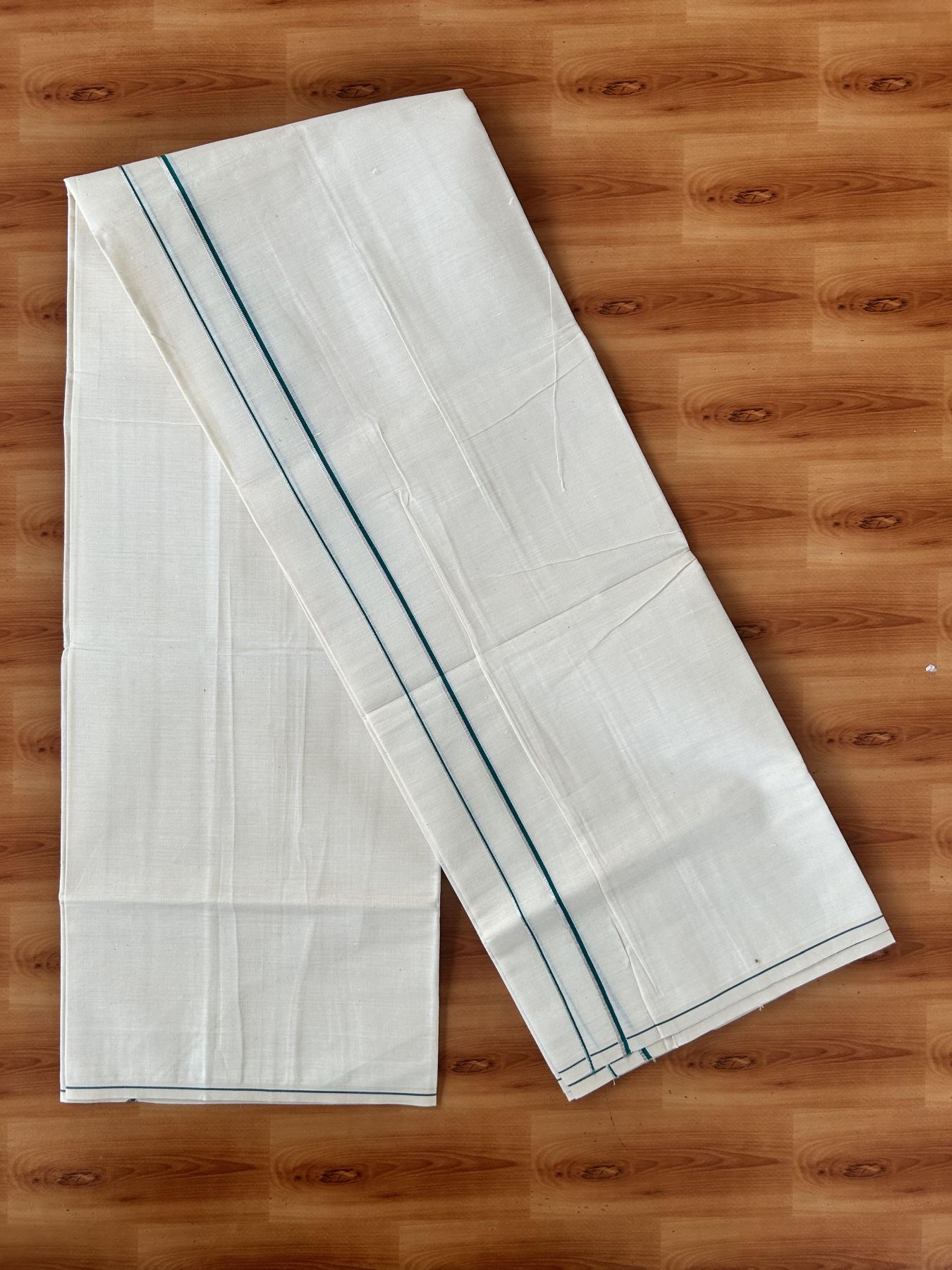 Single Off White (Unbleached) Mundu/Dhoti - KaithariKada 100% Cotton - 70X30 - 0.5 cm Silver Kasav Teal Green Kara (2 meter / 4 muzham) - 12 KK5461 PMC