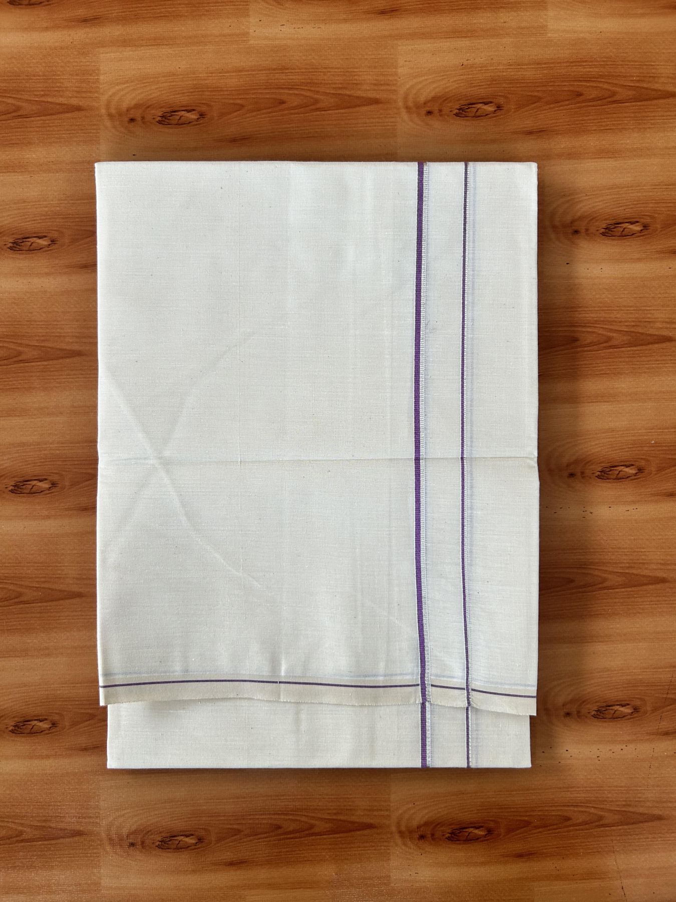 Single Off White (Unbleached) Mundu/Dhoti - KaithariKada 100% Cotton - 70X30 - 0.5 cm Silver Kasav Lavender Purple Kara (2 meter / 4 muzham) - 13 KK5461 PMC