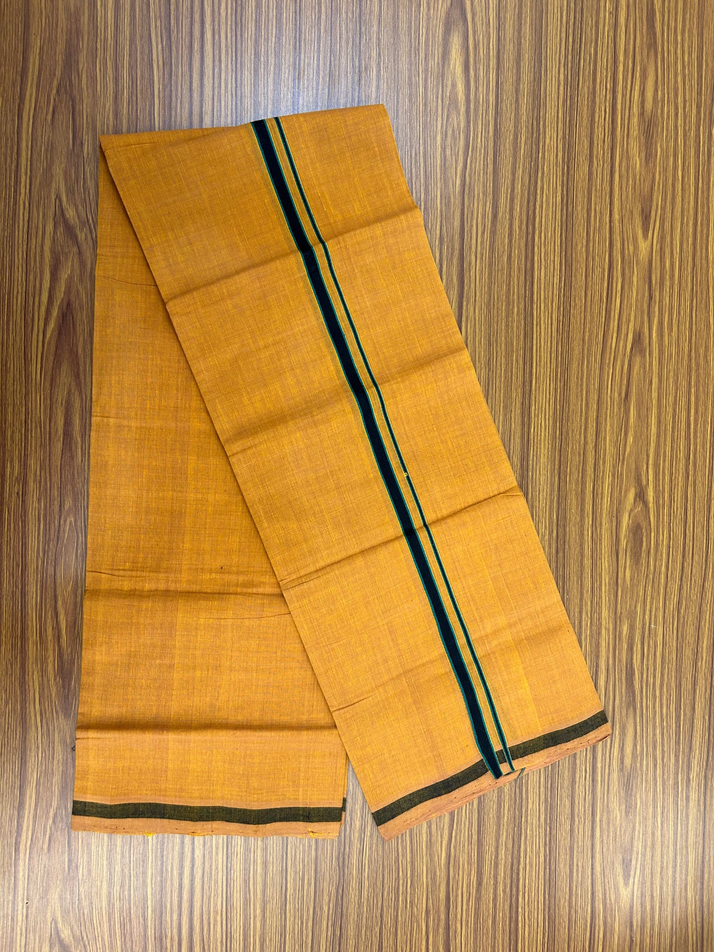 Kerala Handloom Single  - KaithariKada 100% Pure Cotton - Mundu/Dhoti Light Orange Body & 0.5 inch Green & Black Kara - (2 meter / 4 muzham)- 16 KK8051 ELA