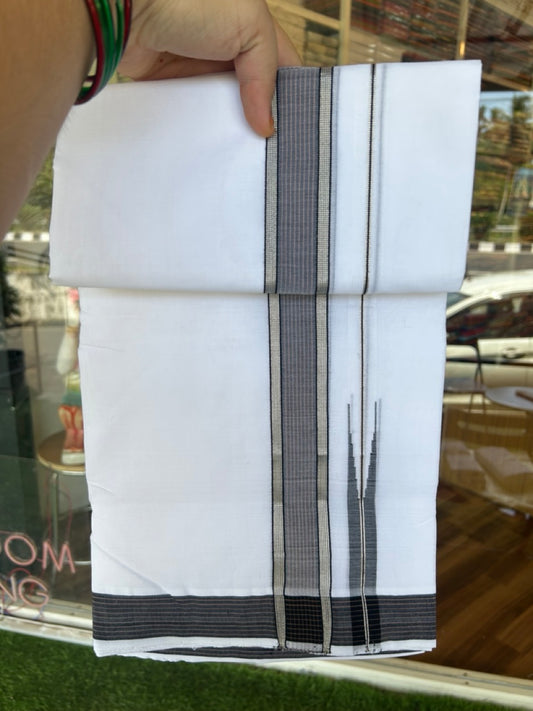 25% Discount!! NEW ULTRA PURE WHITE HANDLOOM Balaramapuram - 100% Mercerised Cotton Double Mundu/Dhoti - 120 twisted warp x 80s weft - 1.5 inch Puliyilakkara Silver Kasavu & Black Brown Striped Chutty Kara- 8KK5200REA