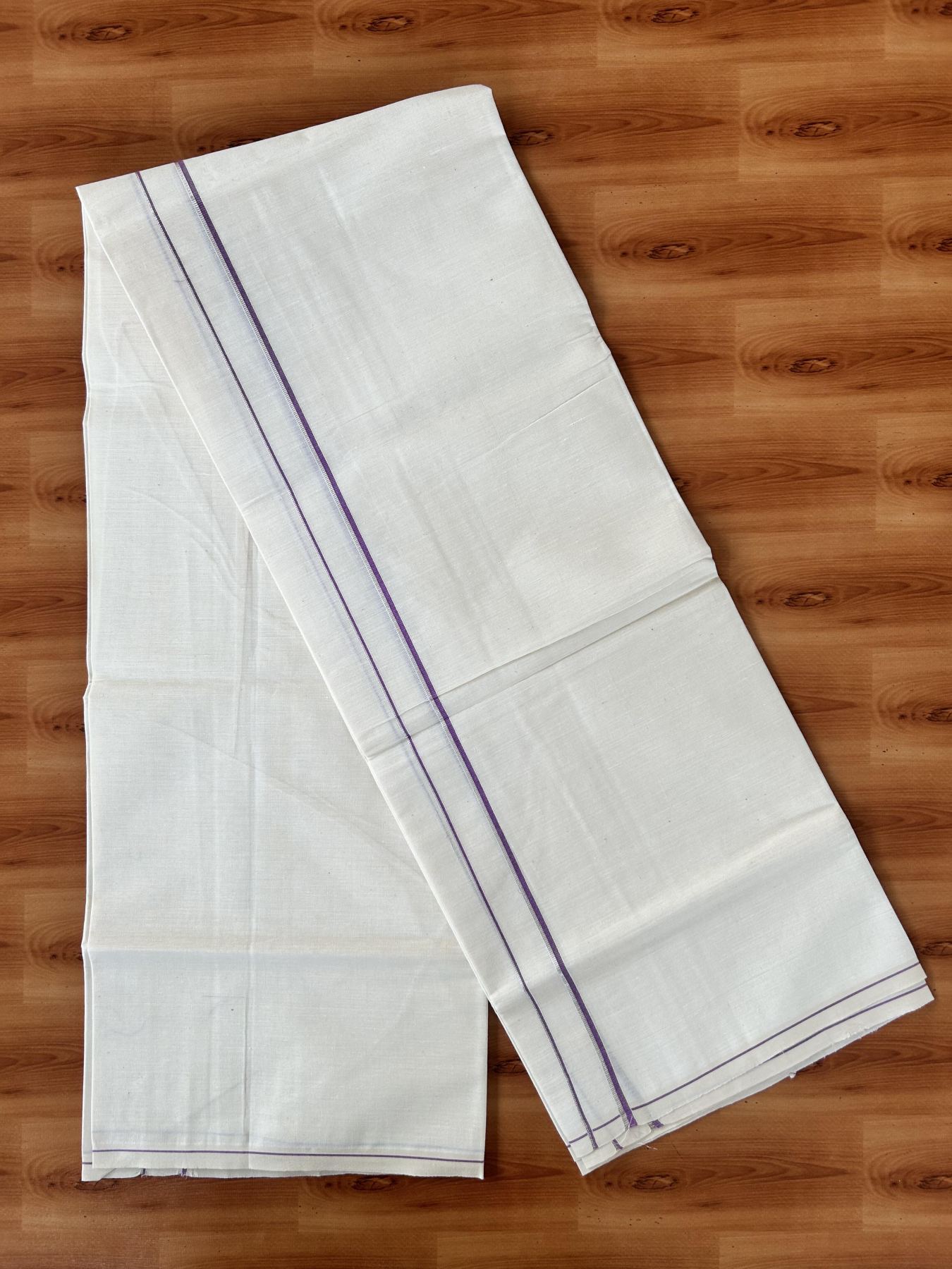 Single Off White (Unbleached) Mundu/Dhoti - KaithariKada 100% Cotton - 70X30 - 0.5 cm Silver Kasav Lavender Purple Kara (2 meter / 4 muzham) - 13 KK5461 PMC
