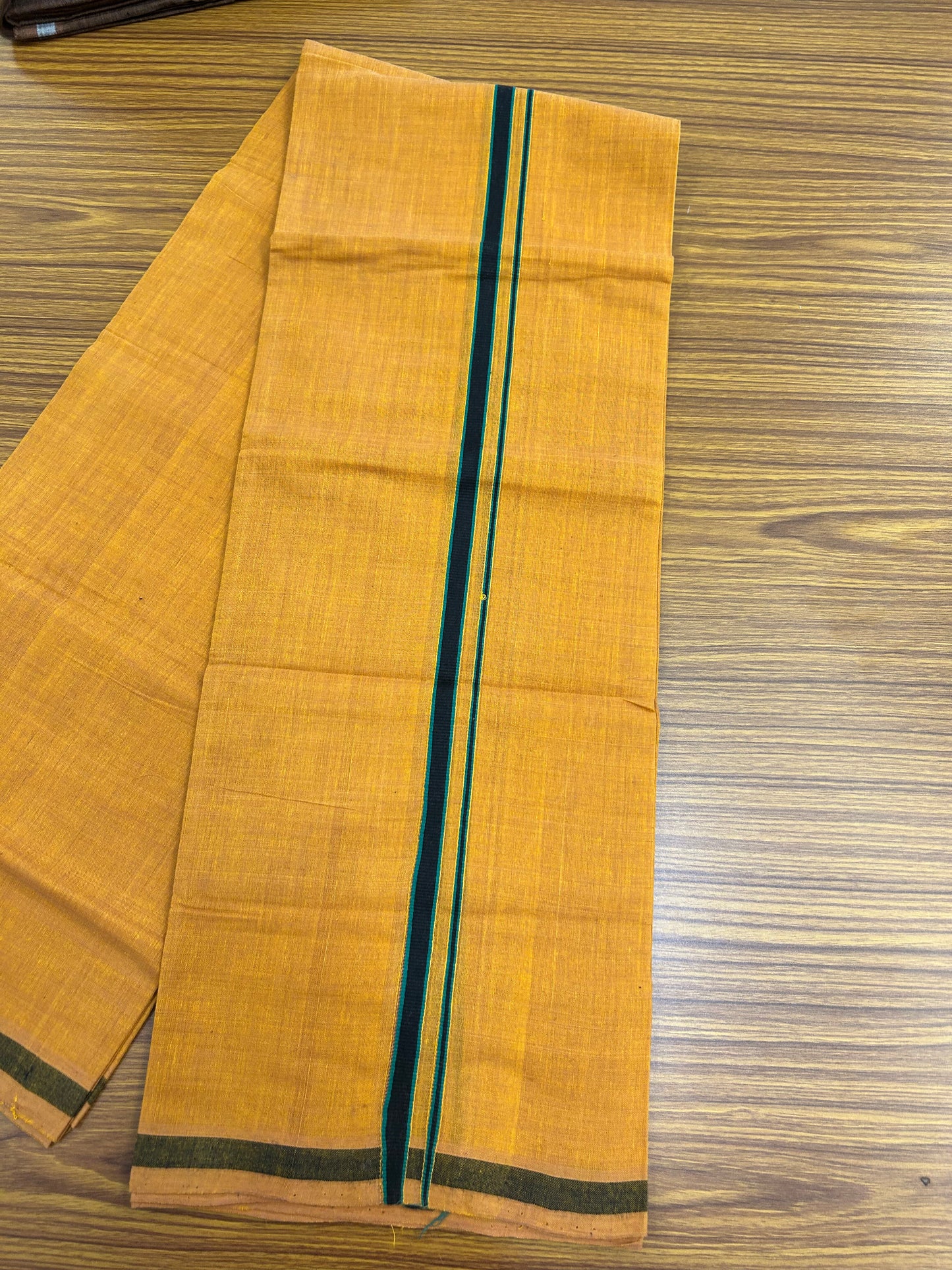 Kerala Handloom Single  - KaithariKada 100% Pure Cotton - Mundu/Dhoti Light Orange Body & 0.5 inch Green & Black Kara - (2 meter / 4 muzham)- 16 KK8051 ELA