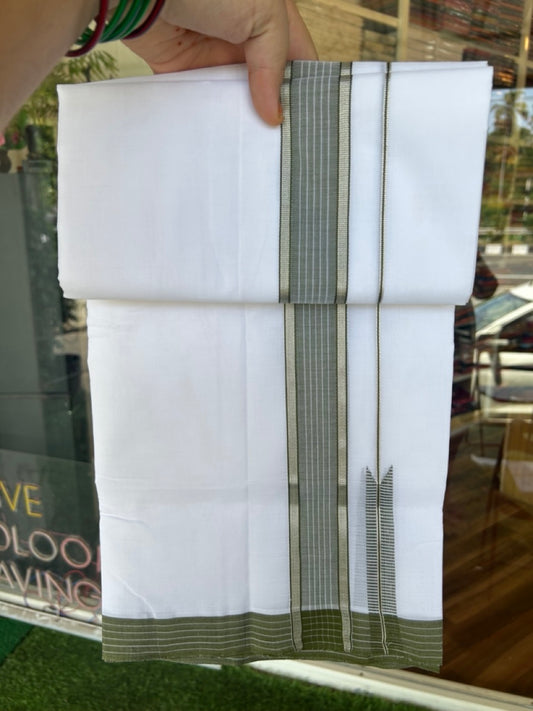 25% Discount!! NEW ULTRA PURE WHITE HANDLOOM Balaramapuram - 100% Mercerised Cotton Double Mundu/Dhoti - 120 twisted warp x 80s weft - 1.5 inch Puliyilakkara Silver Kasavu & Sage Green Striped Chutty Kara- 9KK5200REA