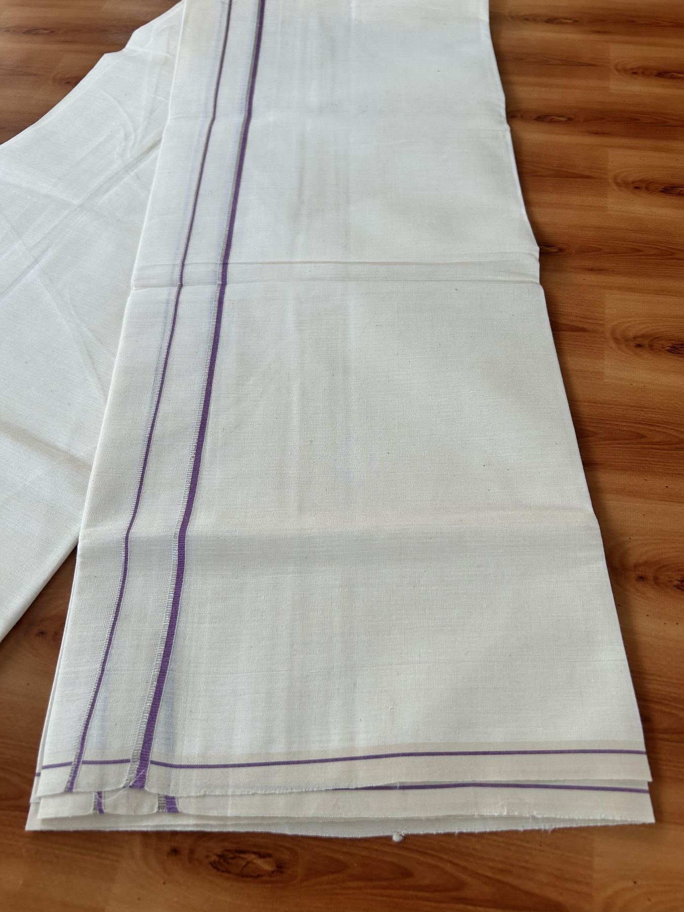 Single Off White (Unbleached) Mundu/Dhoti - KaithariKada 100% Cotton - 70X30 - 0.5 cm Silver Kasav Lavender Purple Kara (2 meter / 4 muzham) - 13 KK5461 PMC