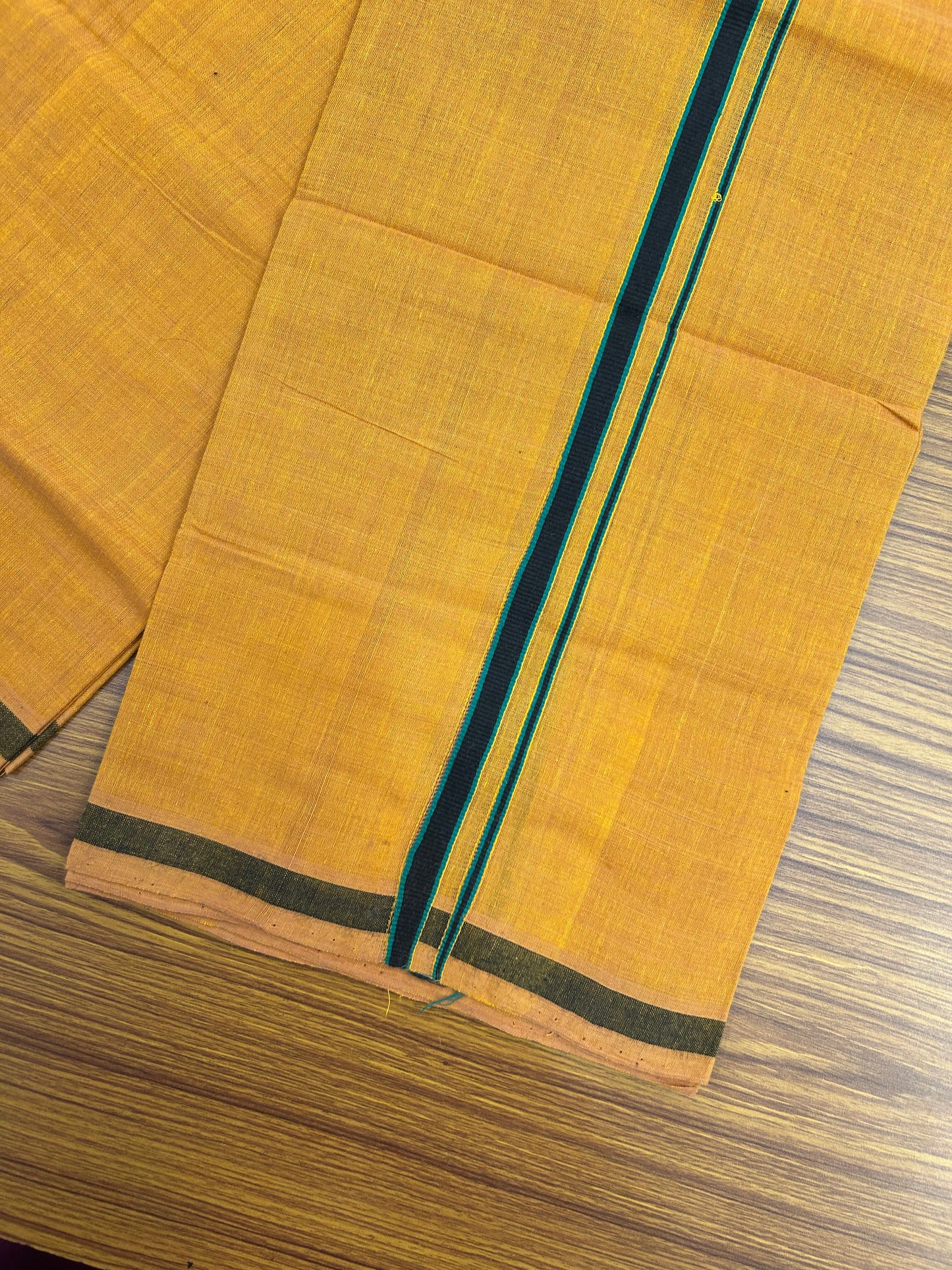 Kerala Handloom Single  - KaithariKada 100% Pure Cotton - Mundu/Dhoti Light Orange Body & 0.5 inch Green & Black Kara - (2 meter / 4 muzham)- 16 KK8051 ELA