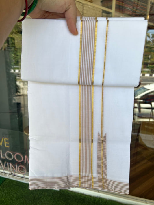 25% Discount!! NEW ULTRA PURE WHITE HANDLOOM Balaramapuram - 100% Mercerised Cotton Double Mundu/Dhoti - 120 twisted warp x 80s weft - 1.25 inch Puliyilakkara Gold Kasavu & Sand Brown Striped Chutty Kara- 1KK5200REA