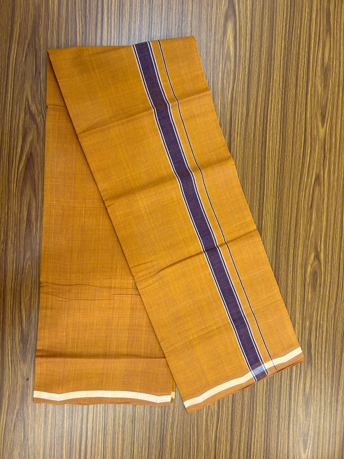 Kerala Handloom Single  - KaithariKada 100% Pure Cotton - Mundu/Dhoti Light Orange Body & 1.25 inch Violet Kara - (2 meter / 4 muzham)- 17 KK8051 ELA