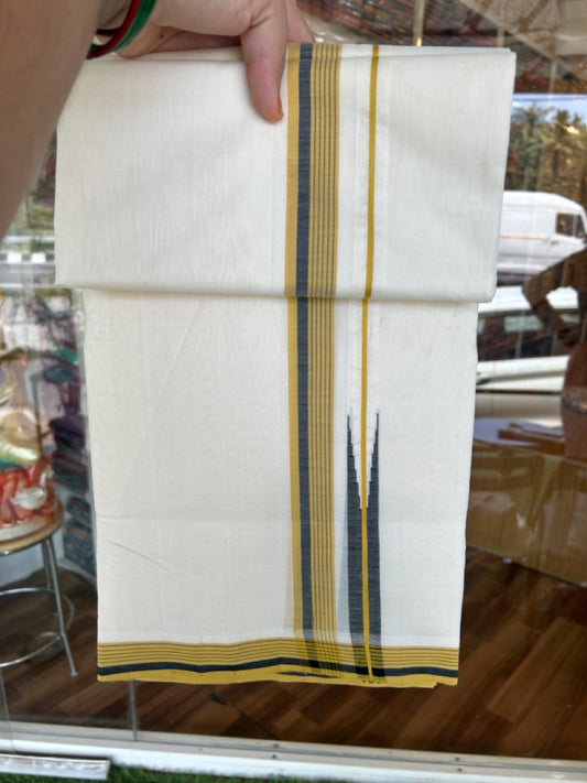 25% DISCOUNT!! KaithariKada HANDLOOM  UNAKKUPAAV Balaramapuram - 100% PURE Cotton OFF White - (Unbleached) Double Mundu/Dothi - 100 s warp x 80s weft - 1 inch Puliyilakkara Mustard Yellow & Black Striped Chutty Kara 3.80 meter (8.5 Muzham)- 12KK5200REA