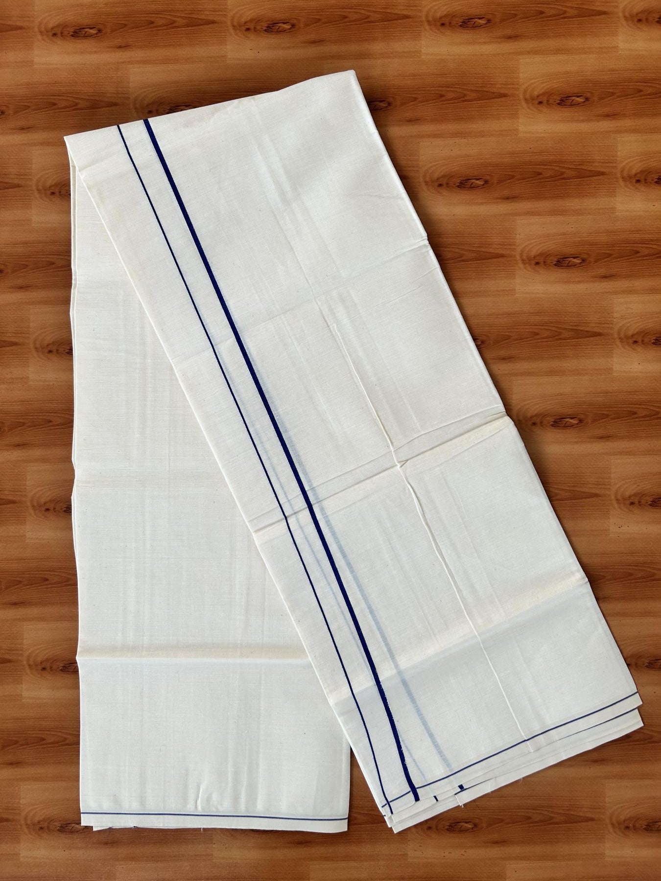 Single Off White (Unbleached) Mundu/Dhoti - KaithariKada 100% Cotton - 70X30 - 0.5 cm Navy Blue Kara (2 meter / 4 muzham) - 6 KK5461 PMC