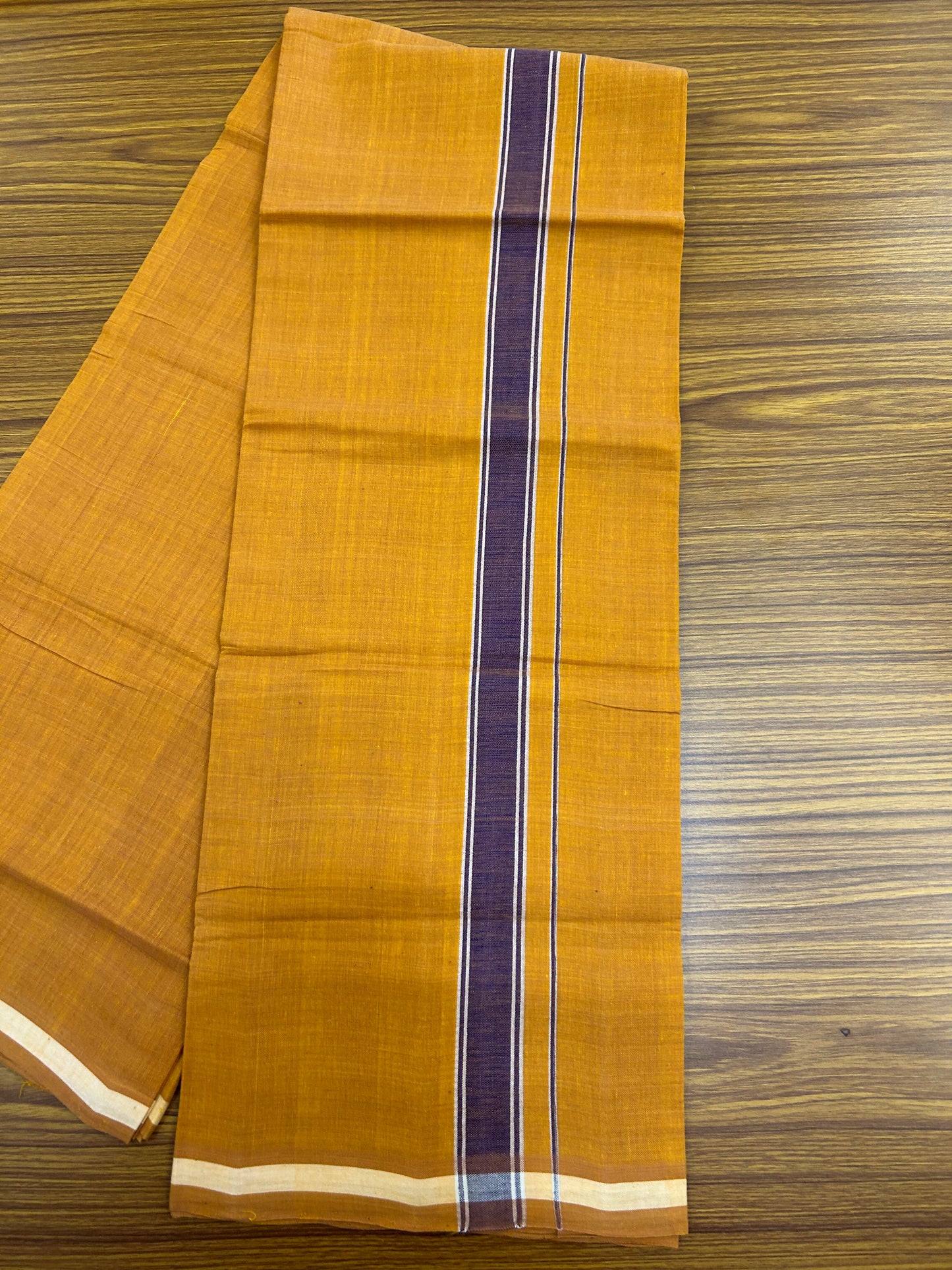 Kerala Handloom Single  - KaithariKada 100% Pure Cotton - Mundu/Dhoti Light Orange Body & 1.25 inch Violet Kara - (2 meter / 4 muzham)- 17 KK8051 ELA